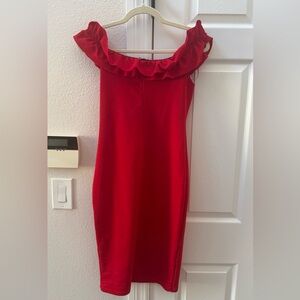 Zara Red Off Shoulder Ruffle Bodycon Dress
